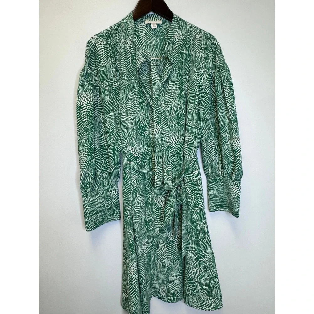 Topshop‎ Green White Abstract Tie Neck Belted Shirt Dress Long Sleeve US 8 UK 12